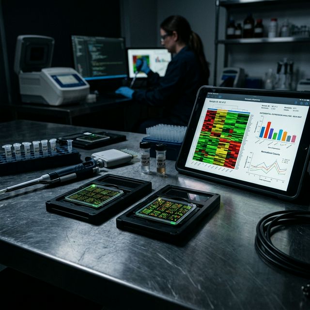 Lab notebook, modern calculator, and glowing DNA microarray chips