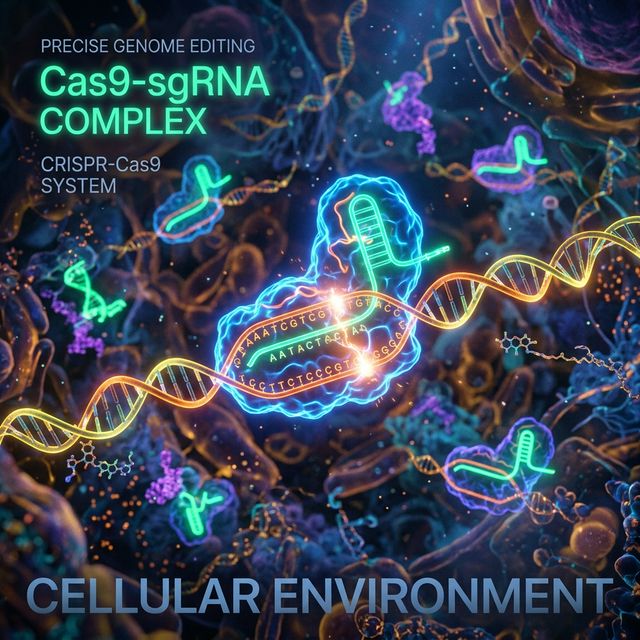 Cas9 proteins and sgRNA guides glowing in vibrant neon colors inside a cell