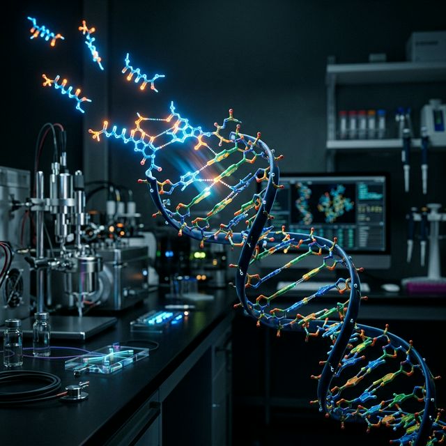 Complex DNA double helix assembled block-by-block from glowing synthetic oligo fragments
