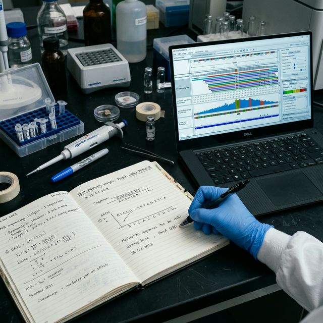 Scientist collaborating over DNA sequence alignments and design software