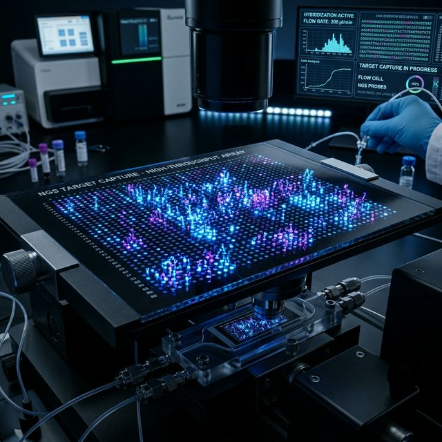 Glowing blue and purple custom DNA probes capturing target sequences on a microarray