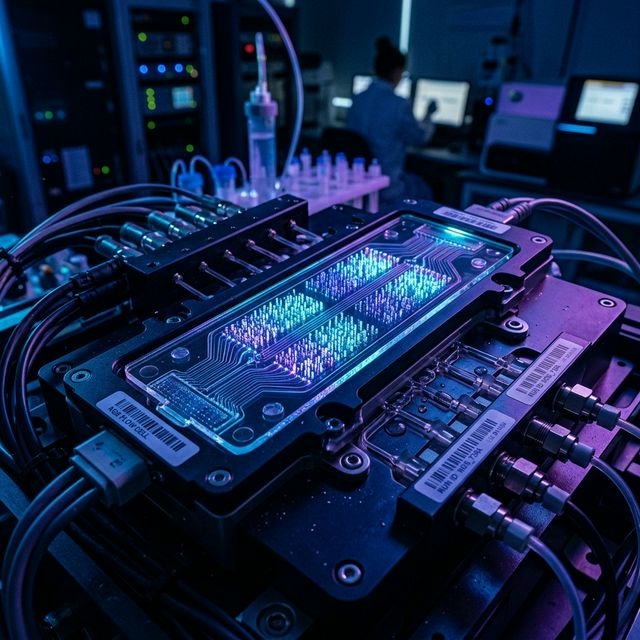 NGS flow cells under deep blue and purple lab lighting