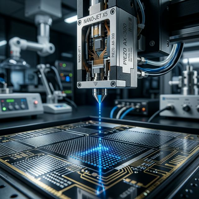 Piezoelectric inkjet printhead depositing glowing microdroplets onto a microarray