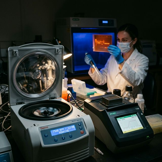 Scientist inspecting gel electrophoresis results next to a PCR machine and centrifuge