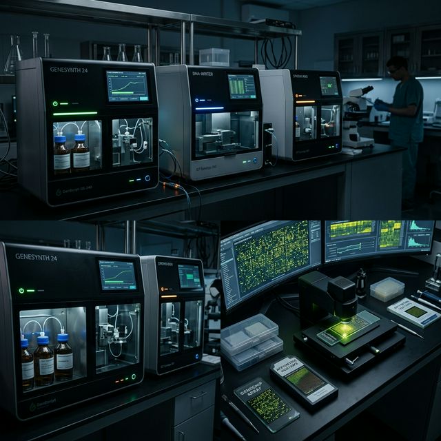 Sleek DNA synthesizer machines and microarrays in a modern dark laboratory