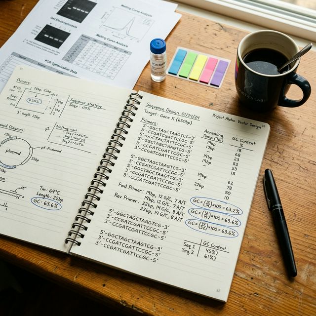 Laboratory notebook with handwritten DNA sequence design notes and GC content calculations