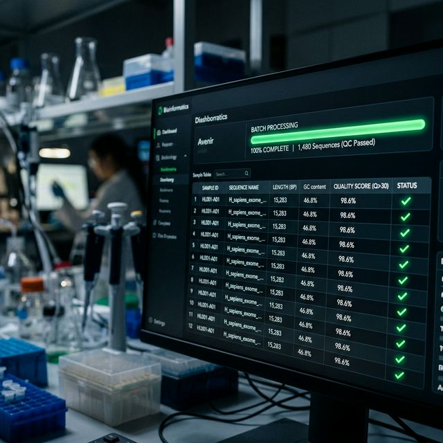 Dark mode bioinformatics dashboard showing 10,000 sequences passing batch QC