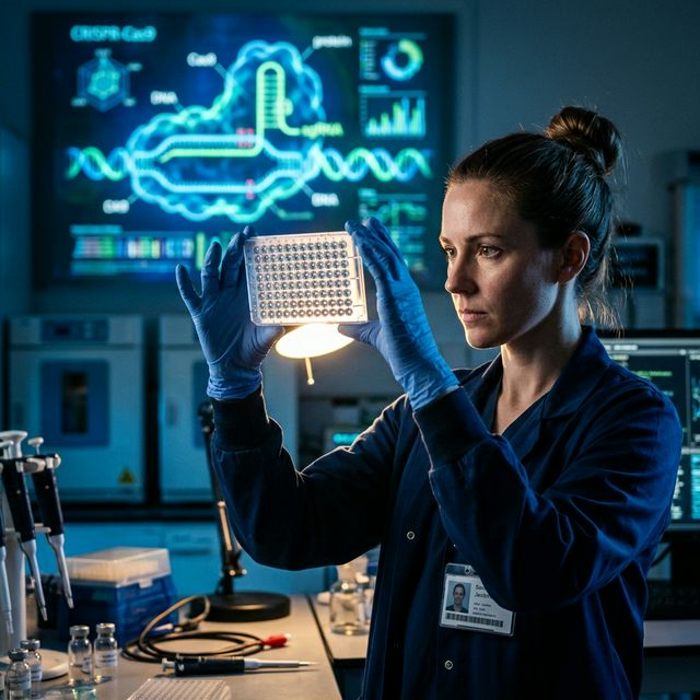 Researcher examining a 384-well microplate with CRISPR-Cas9 molecular structure in background