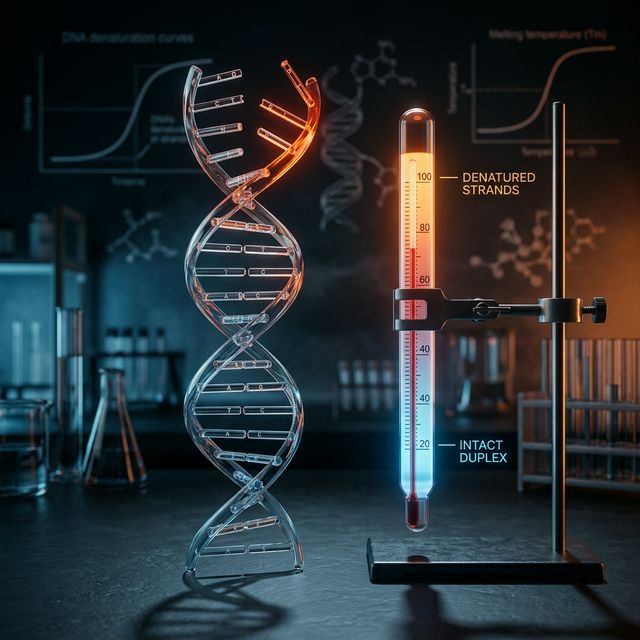 DNA melting temperature concept: translucent double helix transitioning from intact duplex to denatured strands with temperature gradient