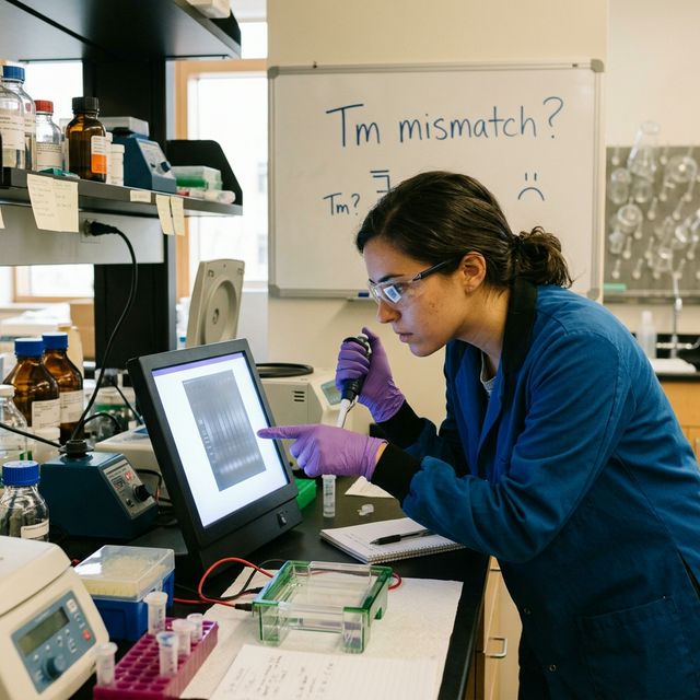 Graduate student examining gel electrophoresis results showing non-specific PCR bands from Tm mismatch