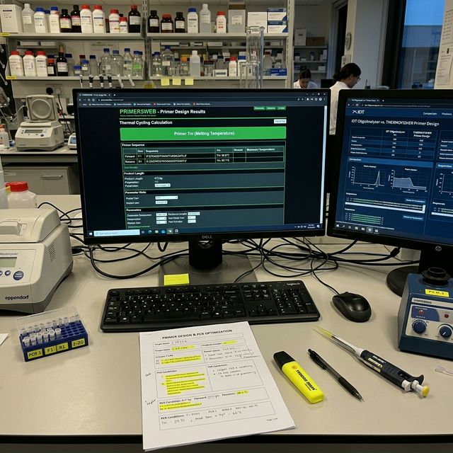 Multi-monitor molecular biology workstation showing primer Tm calculation results and comparison interfaces