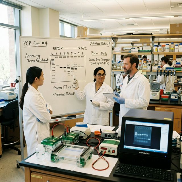 Research team troubleshooting PCR protocols at a whiteboard